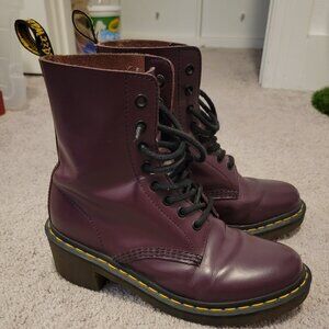 Dr DOC MARTENS CLEMENCY Lace Up Heeled Leather 8 Eye Boots PLUM Womens Sz 8 EU39